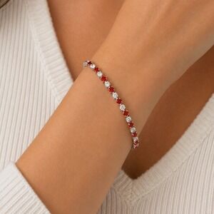 Vintage Tennis Bracelet Sterling Overlay Made with Swarovski Red White Crystal